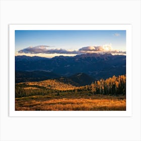 Alpine Landscape Bathed In The Warm Glow Of Autumn Colors Expansive Mountains Stretching Into The H Art Print