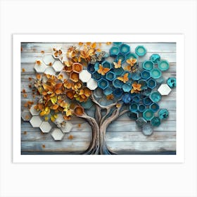 Fantasy 3d On Wooden Oak with White Lattice Tiles, Tree with Kaleidoscopic Leaves 1 Art Print