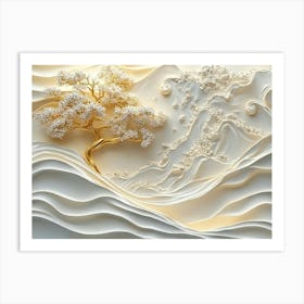 3d White and Gold Wave, 3d Gold Tree Art Print