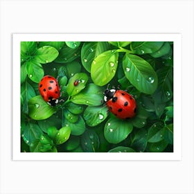 Ladybugs On Green Leaves 1 Art Print