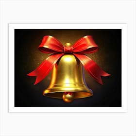 Golden Bell With Red Bow On Black Background Art Print