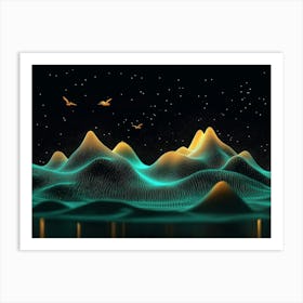 3d Landscape with Golden Mountains, Turquoise and Black Lines, And Birds Art Print