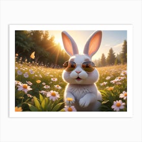 Cute, Cartoon Style White Rabbit Wearing Aviator Sunglasses, Sitting In A Field Of Daisies With A Warm Sunset In The Background Art Print