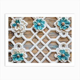 Oak Adorned with White Lattice, Turquoise Accents with Floral Hexagonal Patterns Art Print