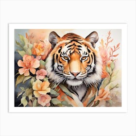 Watercolor Tiger With Flowers Art Art Print