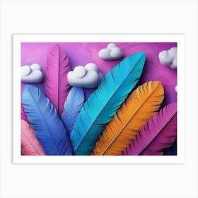 Vibrant 3d Geometric Art with Purple Background Colorful Feathers and Tranquil Clouds Art Print