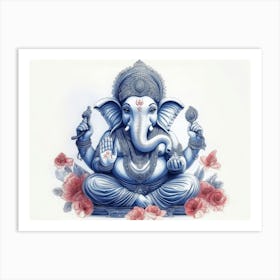 3d Pencil Sketch Drawing Of Indian God Ganesh Blue Tone 1 Art Print