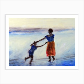 Beach Dancers - people mother child black sea sky Art Print