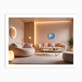 A Modern Living Room Interior Featuring A White Sofa, A Coffee Table With A Golden Base, A Round, Blue Clock On The Wall, A Potted Plant, And A Floor Lamp Art Print