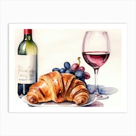 Croissant and Wine watercolor painting 8 Art Print