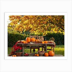 Autumnal Still Life Composition Featuring A Wooden Table Set In A Rustic Garden During The Golden Ho (3) Art Print