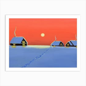Sunset over the winter village Art Print