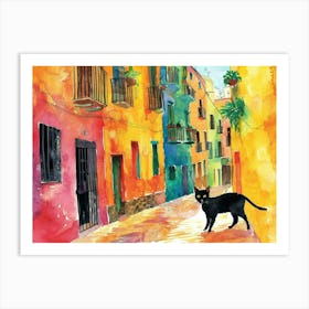 Tarragona, Spain   Cat In Street Art Watercolour Painting 1 Art Print