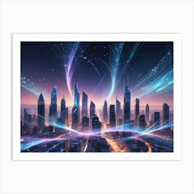 A Modern Cityscape Lit By Vibrant Blue Neon Lights At Sunset With Bright Lines Flowing Out Of The Cityscape Art Print