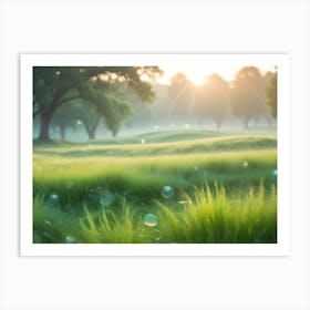 A Field Of Green Grass With Bubbles Floating In The Air Against A Backdrop Of Trees And A Bright, Sunlit Sky Art Print