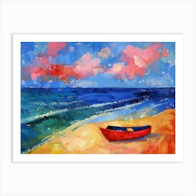 Red Boat On The Beach Oil Painting Art Print