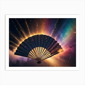 A Black Folding Fan With Gold Accents Is Positioned Against A Backdrop Of Swirling Colors, Stars, And Clouds, Creating A Mystical And Ethereal Scene Art Print