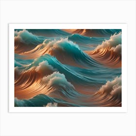 Stylized Ocean Waves With A Smooth, Glassy Appearance, Reflecting Warm Orange And Teal Hues Art Print