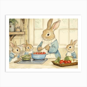 Rabbits Cooking in Cozy Kitchen Art Print