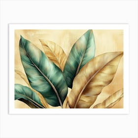 Vintage Tropical Green Brown Leaves, Beige Background, Golden Texture 4 Art Print