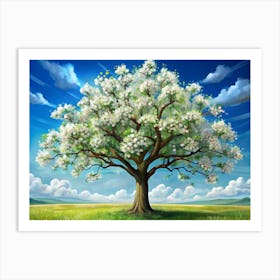 Blooming Tree In A Field With A Blue Sky Art Print