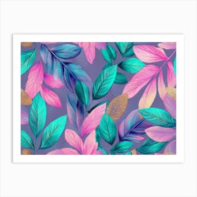 Shiny Tropical Leaves Pastel Colored In Turquoise Mint Purple Pink Rose Gold Blue Watercolor 3d Art Print