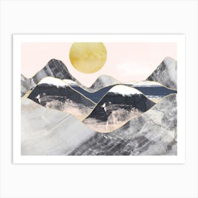 Gold Moon Navy Marble Mountains Landscape Art Print