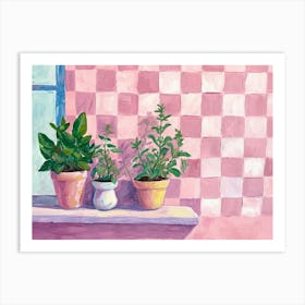 Potted Herbs On A Windowsil Pink Checkerboard 1 Art Print