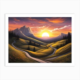 Hiking Trails In A Hilly Landscape With Gras And Trees Near Majestic Mountains In A Bright Morning Sunrise Vivid Color Painting Art Print