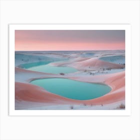 Two Large, Teal Lakes In A Snowy, Cratered Landscape Against A Pink Sunset, Creating A Dramatic And Unique Scene Art Print