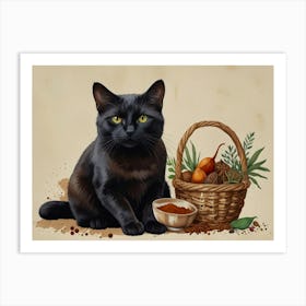 Black Cat With Basket Art Print