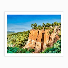 Ochres Land Majestic Cliffside Forest. This image showcases a stunning cliffside landscape adorned with lush green trees. The rocky formations exhibit a range of warm hues, from sandy yellows to deep reds, creating a striking contrast against the vibrant blue sky. The scene captures the beauty of nature's rugged terrain and the resilience of trees growing on steep, rocky surfaces. Art Print