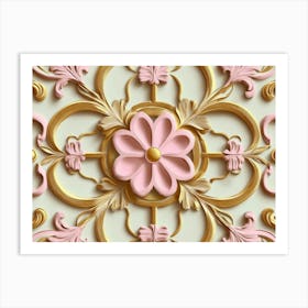 3D Sculpture Design Retro Pattern Gold Round Curve Cross Frame Pink Flower Plant Kaleidoscope Art Print