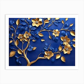 Elegant Gold And Royal Blue Floral Tree With Seamless Leaves And Flowers Hanging Branches Illustration 1 Art Print