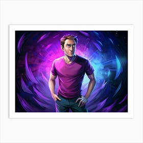 Man Standing In A Pink Shirt In Front Of A Purple And Blue Cosmic Background Art Print