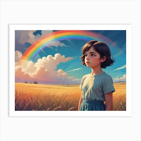 Young Girl With Brown Hair And Blue Eyes Standing In A Field Of Wheat With A Rainbow In The Sky Art Print