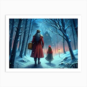 Red Riding Hood And Woodsman Walking Through A Dark Forest Art Print