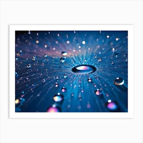 Macro Photograph Of Water Droplets On A Blue Surface, Illuminated To Reveal Iridescent Colors And Delicate Details Art Print