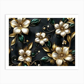 Luxury Floral Seamless With Flowers Elegant Leather Texture In Golden, Green and White Art Print