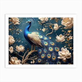 3d Peacock in Golden Jewelry and Flowers Style Art Print