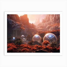 Cluster of dome-shaped habitats nestled amidst the rocky terrain of Mars Art Print