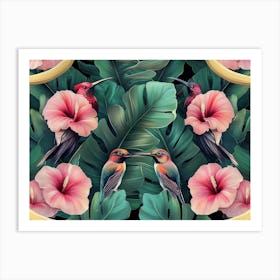 Tropical Background with Exotic Flowers, Birds and Banana Leaves Art Print