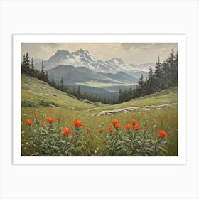 Vintage Oil Painting of indian Paintbrushes in a Meadow, Mountains in the Background 14 Art Print