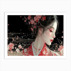 Geisha Grace: Elegance in Burgundy and Grey. Chinese Woman Art Print