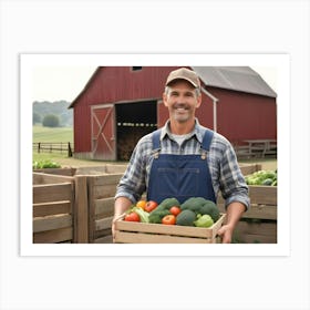 Smiling Farmer Holding A Crate Of Fresh Produce In A Field 8 Art Print