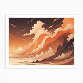 A Vibrant Illustration Of A Large, Orange Wave Crashing Against A Rocky Coastline At Sunset Art Print