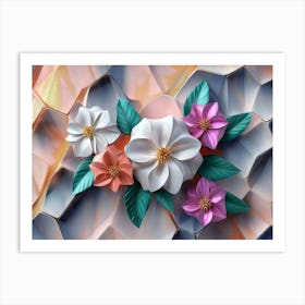 Elegant 3d Marble Texture Seamless Pattern Geometric Polygon Shape With Bright Color Flowers Art Print