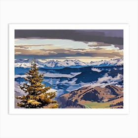 Mountain Landscape with Pine Tree in Alta Badia Italian Alps Dolomites. The image depicts a breathtaking mountain landscape with a single pine tree in the foreground. The tree stands tall against a backdrop of snow-capped peaks, layered with rolling hills and valleys. The sky is a mix of soft blues and grays, with wispy clouds adding depth and texture. The scene is bathed in a warm, golden light, suggesting a late afternoon or early evening setting. Art Print