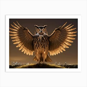 An Owl With Its Wings Spread Wide Stands On A Hill Overlooking A Cityscape Art Print