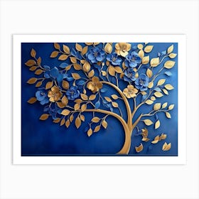 Elegant Gold and Royal Blue Floral Tree with Seamless Leaves and Flowers Hanging Branches 2 Art Print